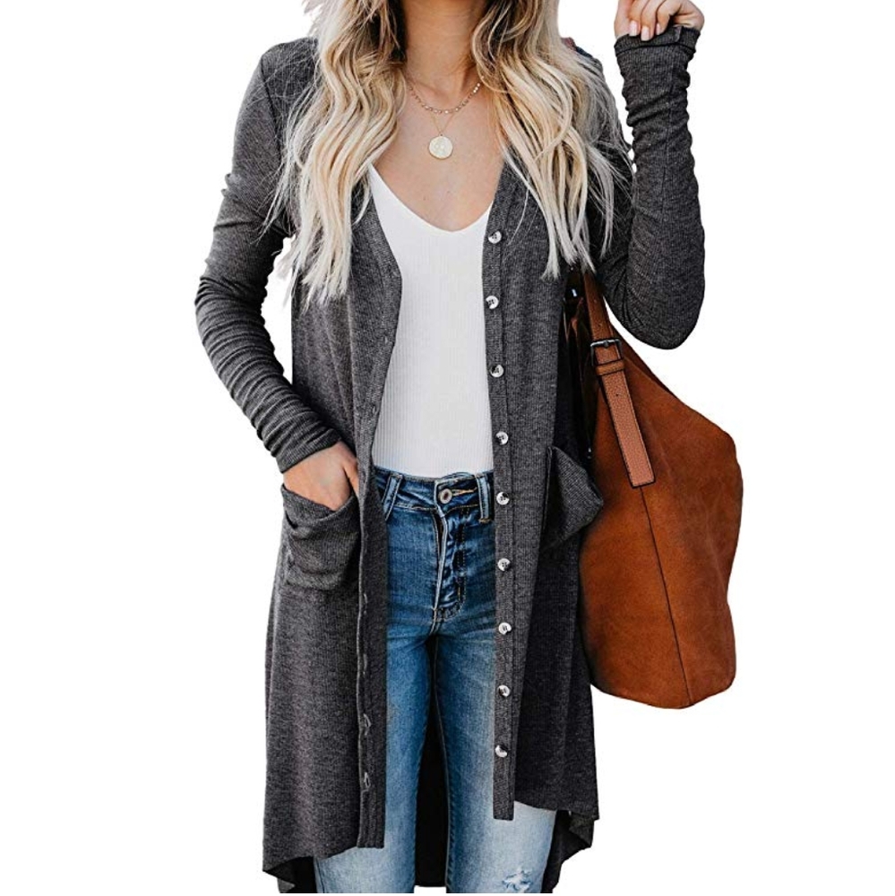 Long Open Front Button Down Knitted Cardigan